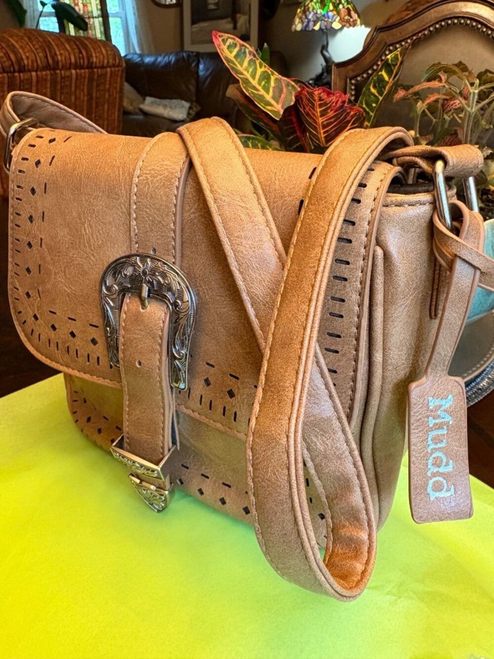 Vintage Mudd Y2K Western Faux Leather Crossbody Bag - Tan/Silver